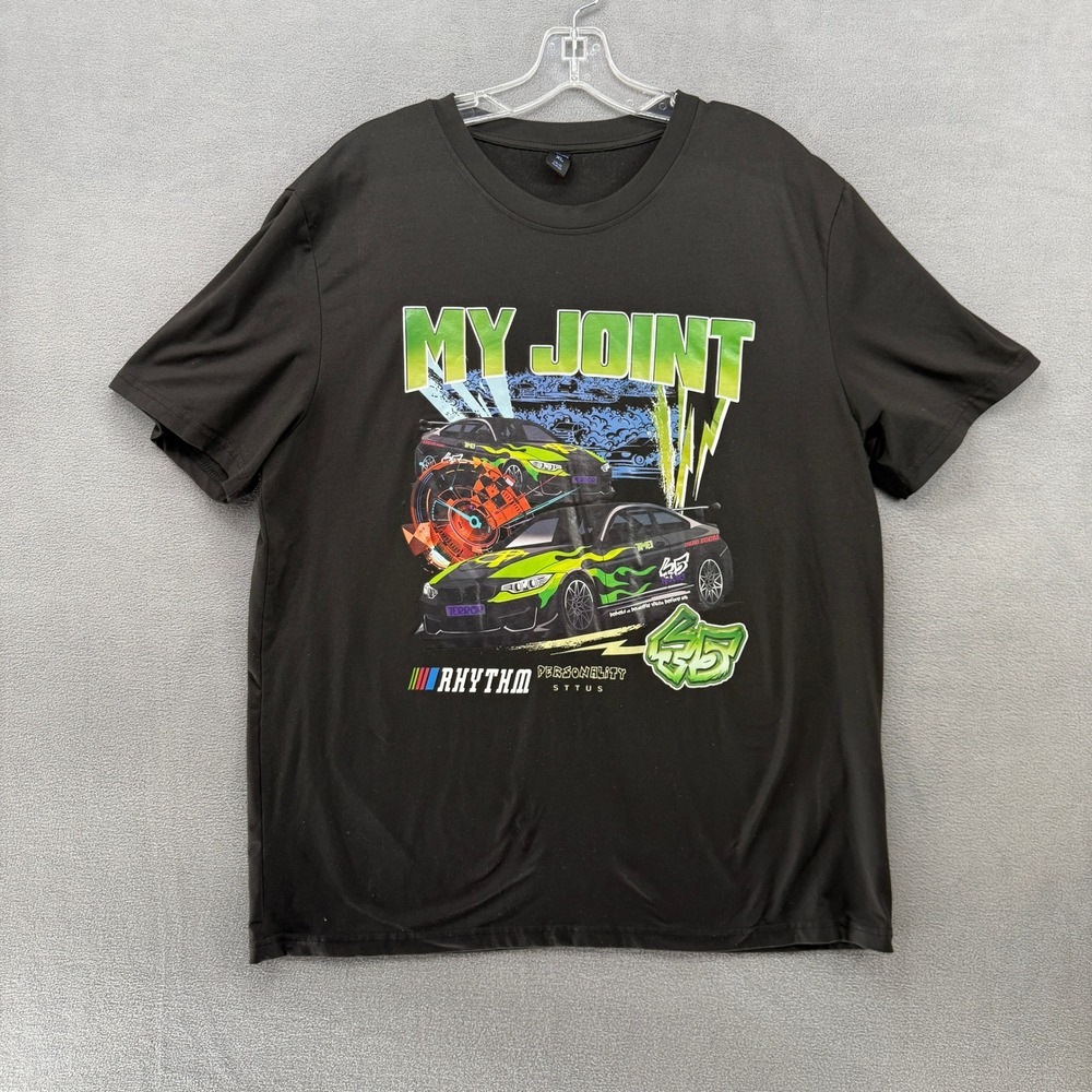 Romwe T Shirt Mens XL Black My Joint Racing Graphic Neon Green Sports Car